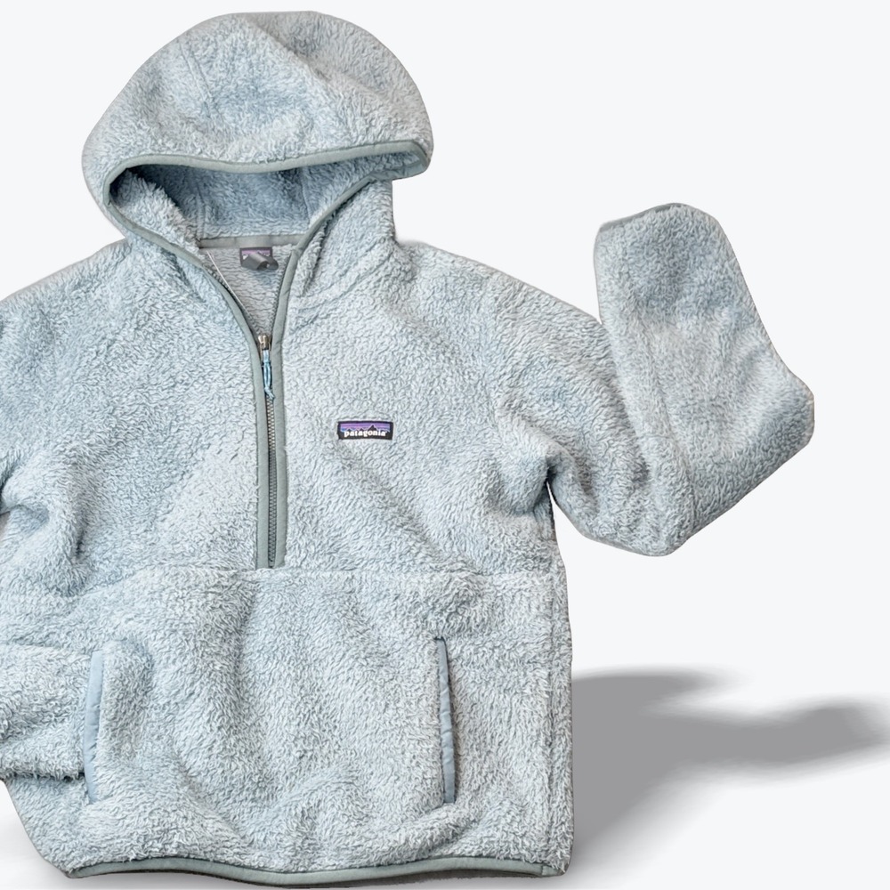 Patagonia Los Gatos Hooded Fleece Hiking 1/4 Zip Pullover Light‎ Blue Small Cozy